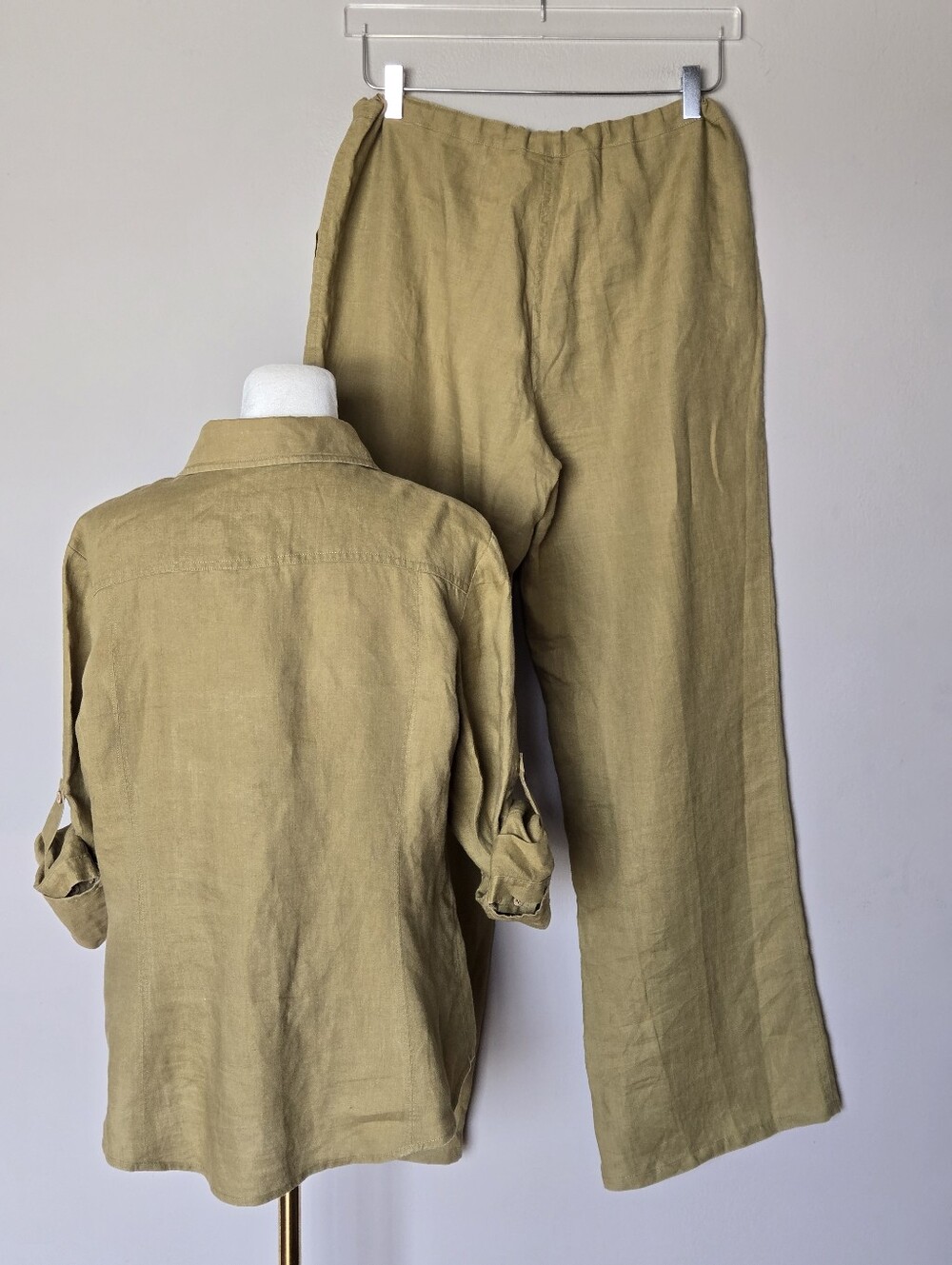 Saks Fifth Avenue Women's Olive Linen Button-Up Shirt & Wide-Leg Pants Set M - Picture 11 of 13